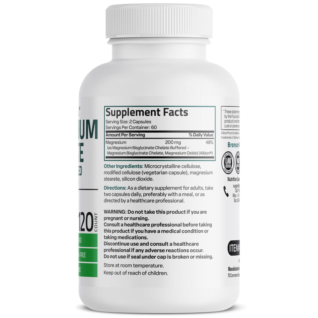 Bronson Magnesium Glycinate 200 MG Chelated High Absorption, 120 Capsules | Stress Relief, Sleep, Heart Health, Nerves, Muscles, and Metabolism Support, Vegetarian, Non-GMO, Gluten Free, Soy Free