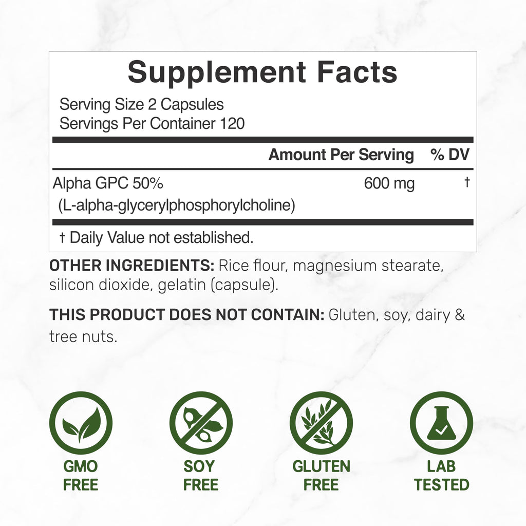 DEAL SUPPLEMENT Alpha GPC 600 mg Per Serving, 240 Capsules – Alpha GPC Choline Supplement – 120 Servings – Non-GMO, Gluten Free