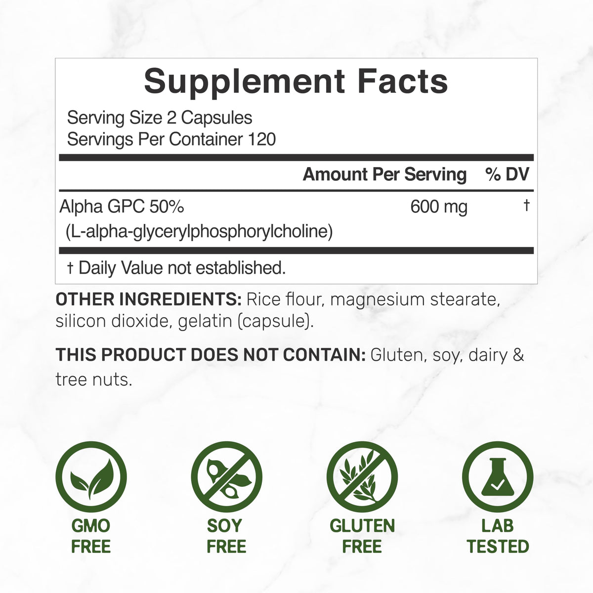 DEAL SUPPLEMENT Alpha GPC 600 mg Per Serving, 240 Capsules – Alpha GPC Choline Supplement – 120 Servings – Non-GMO, Gluten Free