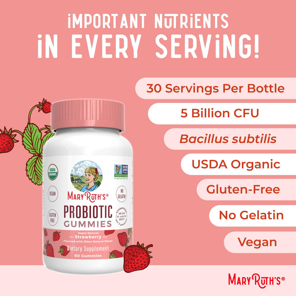 MARYRUTH'S USDA Organic Probiotic Gummies Probiotic Digestive Support | Immune Support | Digestive & Gut Health Supplement | 5 Billion CFU | Vegan | Non-GMO | Gluten Free | 60 Count