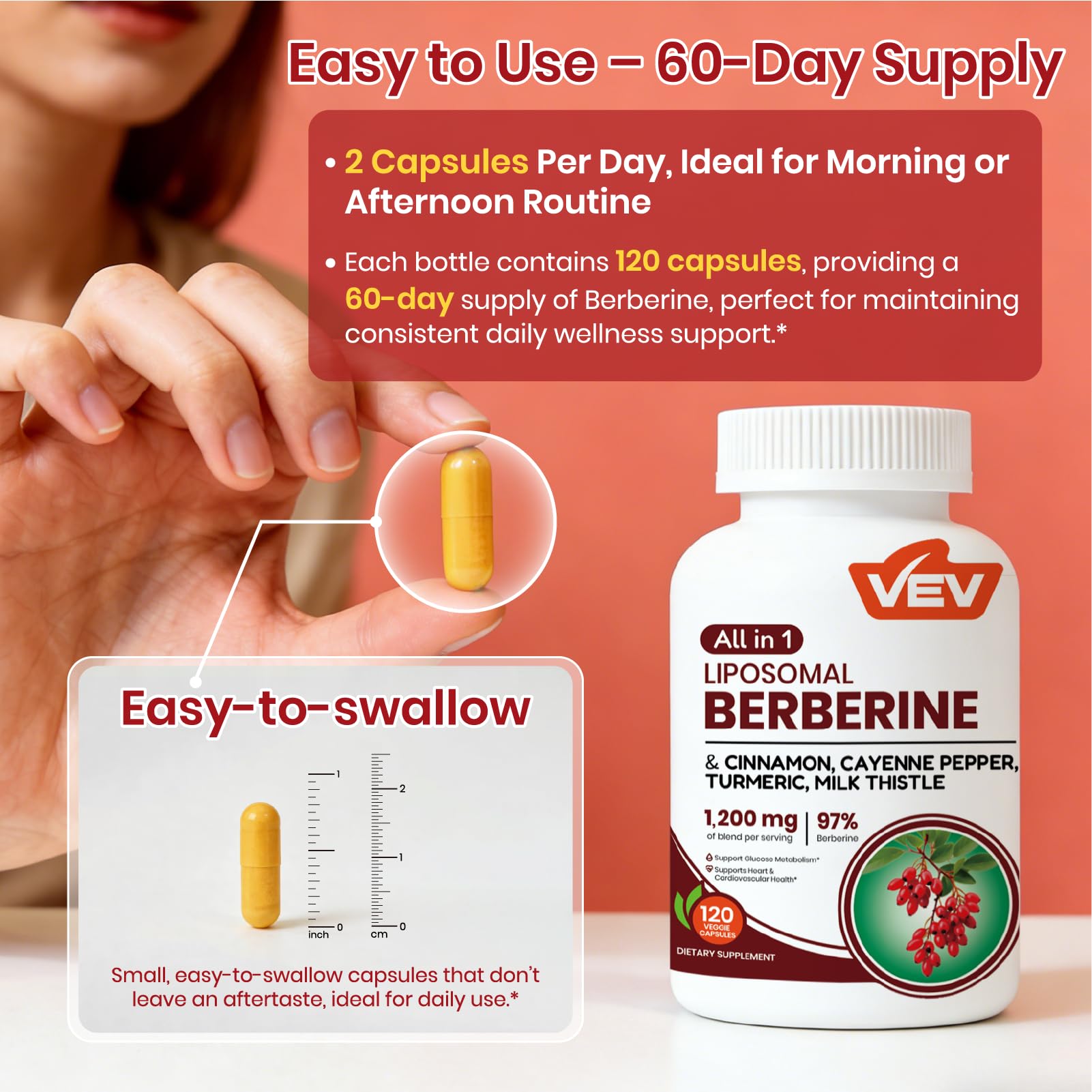 VEV Berberine Supplement with Ceylon Cinnamon, Cayenne Pepper, Turmeric, Milk Thistle – 120 Capsules