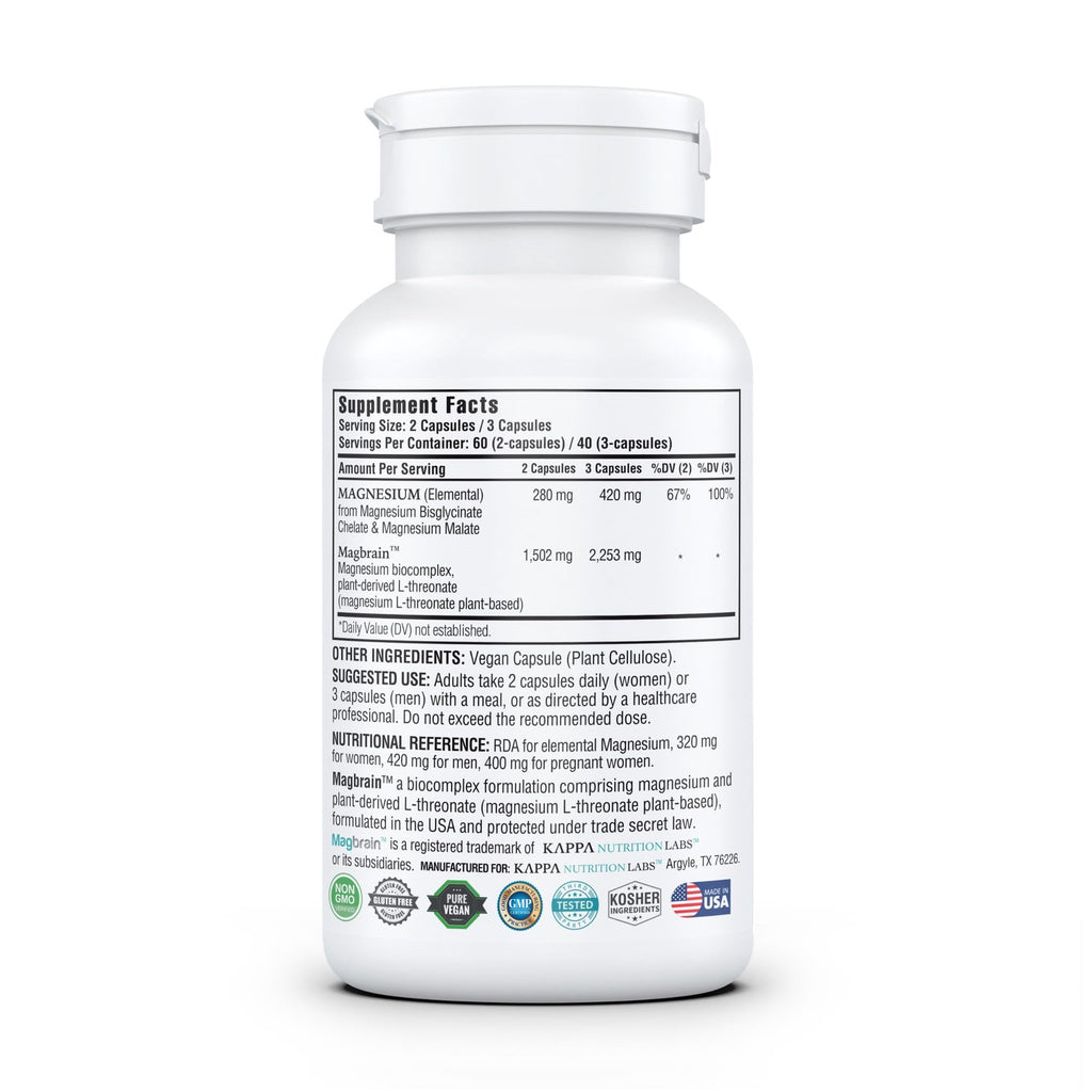 Kappa Nutrition Powered by Magbrain™ Magnesium L-Threonate Plant-Based, 420mg Elemental Magnesium (3 Capsules) from 2,253mg, 120 Vegan Capsules, Brain, Sleep & Muscle Support.
