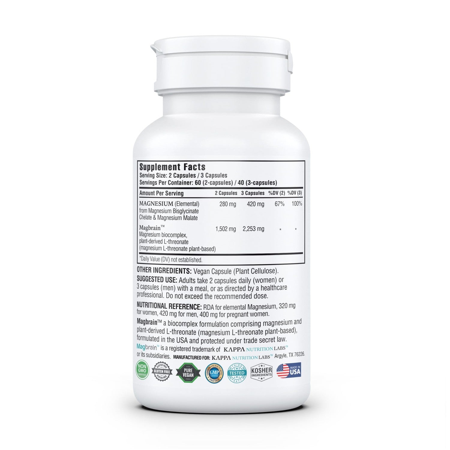 Kappa Nutrition Powered by Magbrain™ Magnesium L-Threonate Plant-Based, 420mg Elemental Magnesium (3 Capsules) from 2,253mg, 120 Vegan Capsules, Brain, Sleep & Muscle Support.