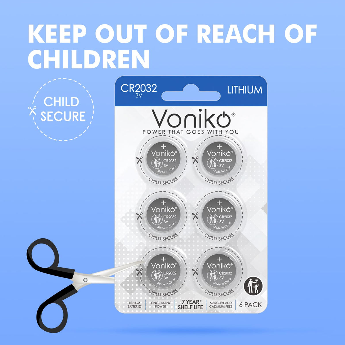 Voniko CR2032 3V Lithium Batteries 5 Pack for Child Safety, Compatible with AirTag, Key Fobs, Thermometers, Scales – 7 Years Shelf Life