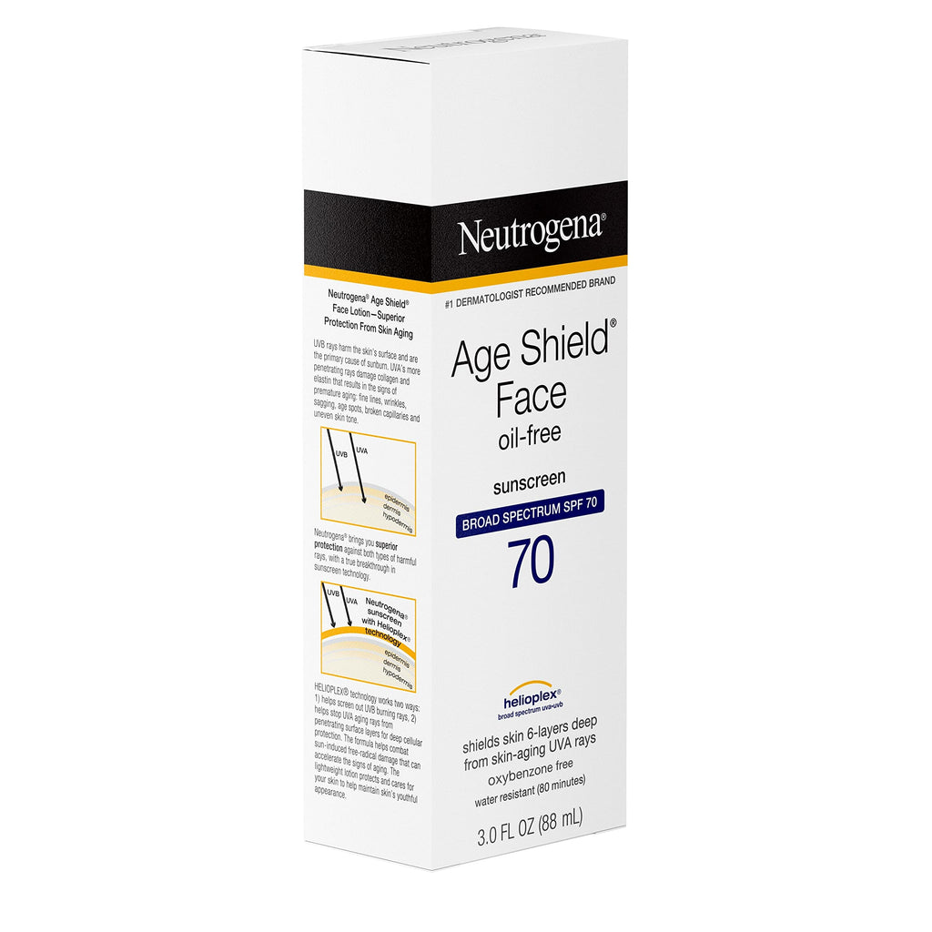 Buy now Neutrogena Age Shield Face Oil-Free Sunscreen Lotion with Broad Spectrum SPF 70, Non-Comedogenic Moisturizing Sunscreen to Help Prevent Signs of Aging, PABA-Free, 3 fl. oz. at indiglob india