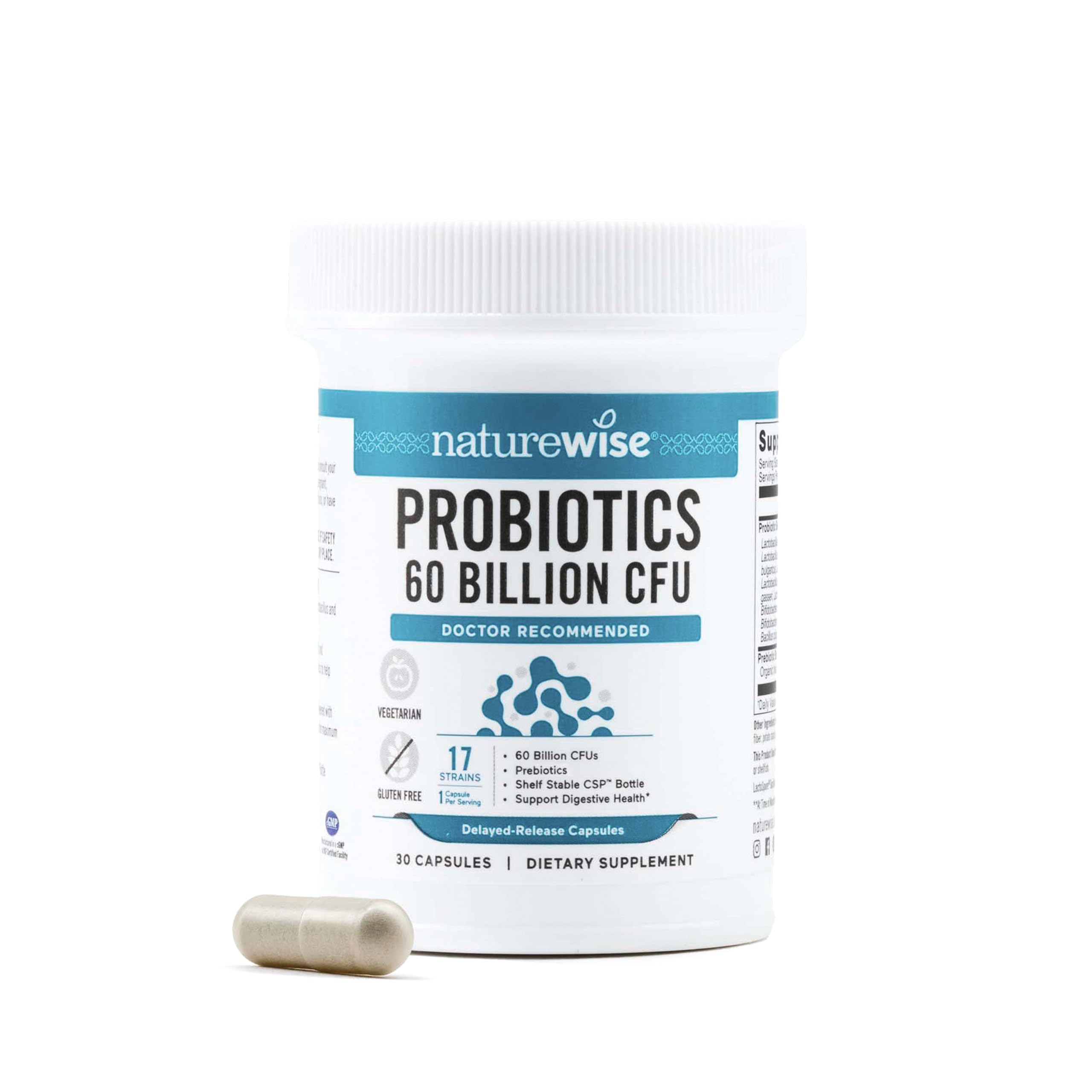 NatureWise Probiotics 60 Billion CFU - 17 Strains + Organic Prebiotics - Immune, Digestive & Gut Health Support for Women & Men - Vegetarian, Gluten-Free, Non-GMO - 60 Capsules[2-Month Supply]