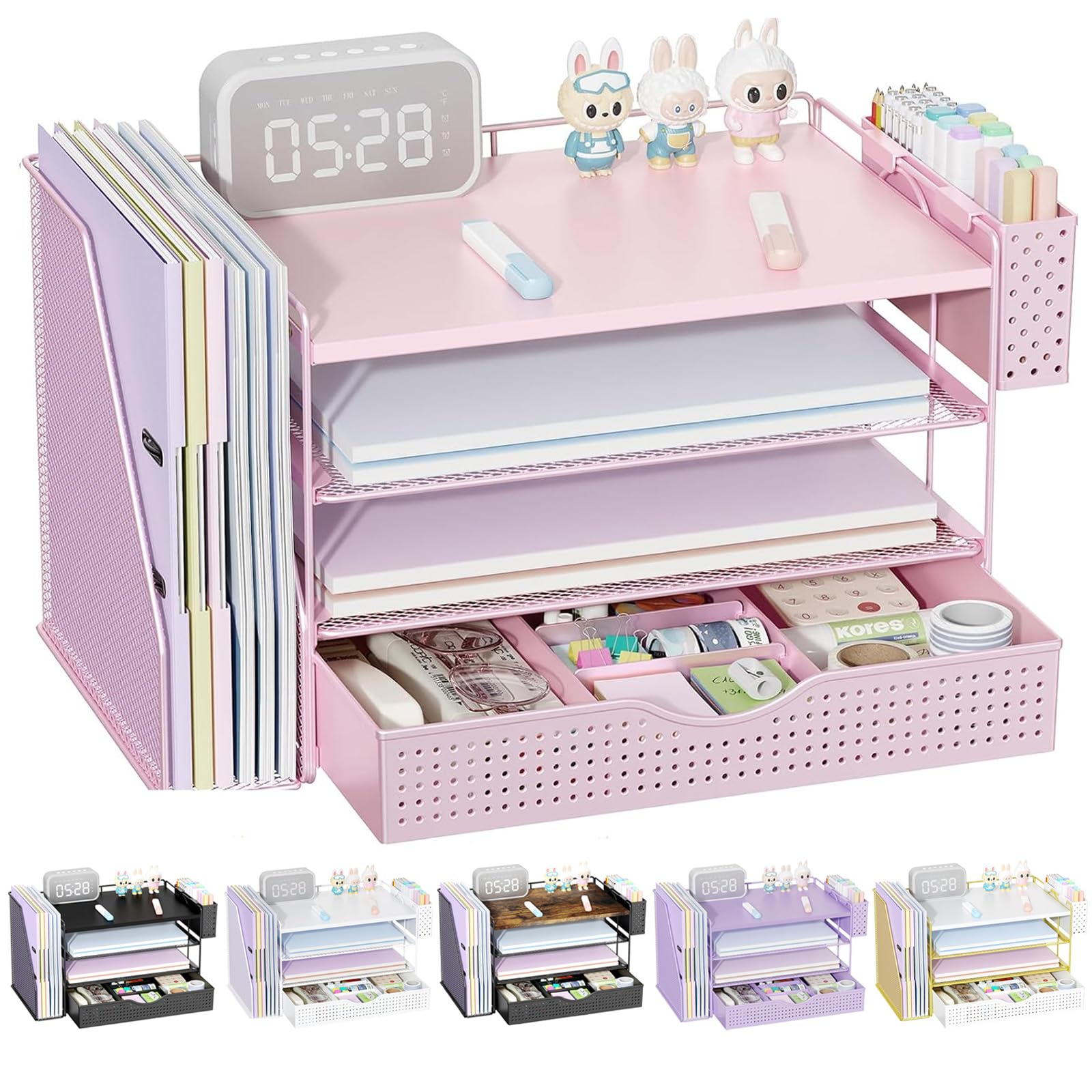 Buy now gianotter Wood Desk Organizers and Accessories with File Holder, 4-Tier Desk Accessories & Workspace Organizers with Drawer and Pen Holder, Paper Organizer for Office Supplies (Black) Pink at indiglob india