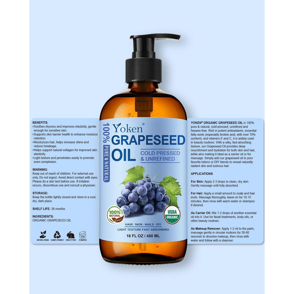 Yoken Organic Grapeseed Oil 16 oz Glass Bottle, Cold Pressed Carrier Oil