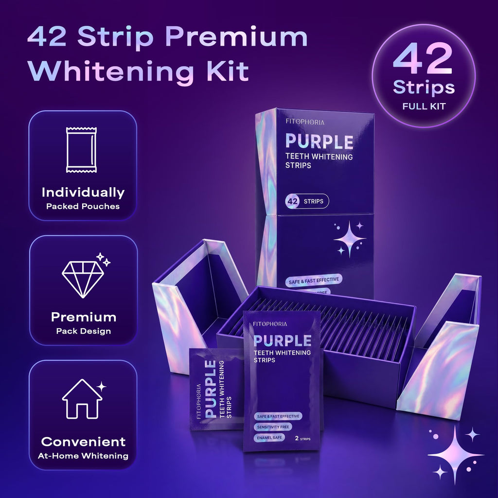 Purple Teeth Whitening Strips - 42 Count - Peroxide Free Color Correcting Whitening Strips - At Home Smile Care Kit
