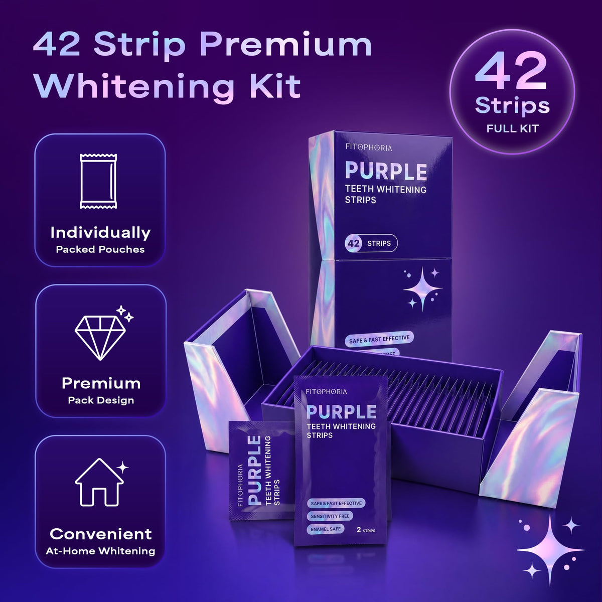 Purple Teeth Whitening Strips - 42 Count - Peroxide Free Color Correcting Whitening Strips - At Home Smile Care Kit