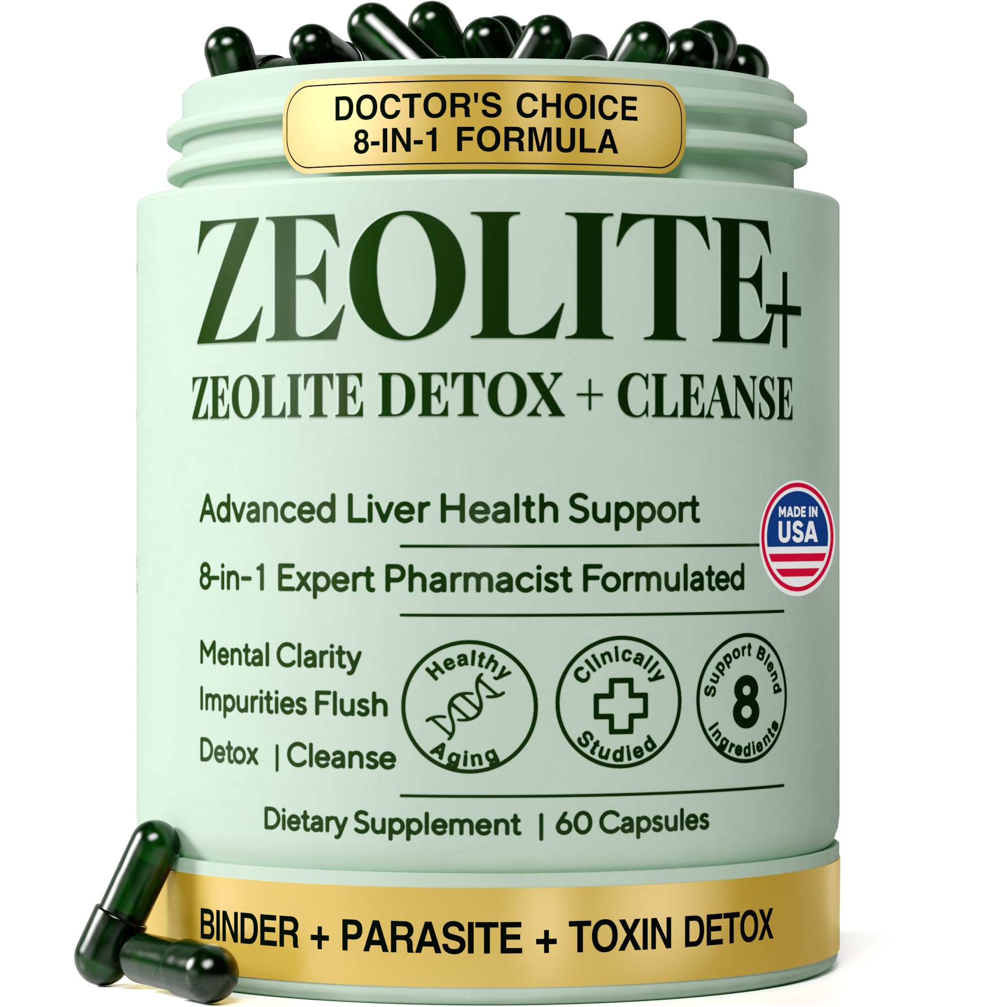 Zeolite Detox Binder, 8-in-1 Clinoptilolite & Activated Charcoal, 60ct | Natural Detoxification Pathways, Liver Health & Digestive Support: Milk Thistle & NAC