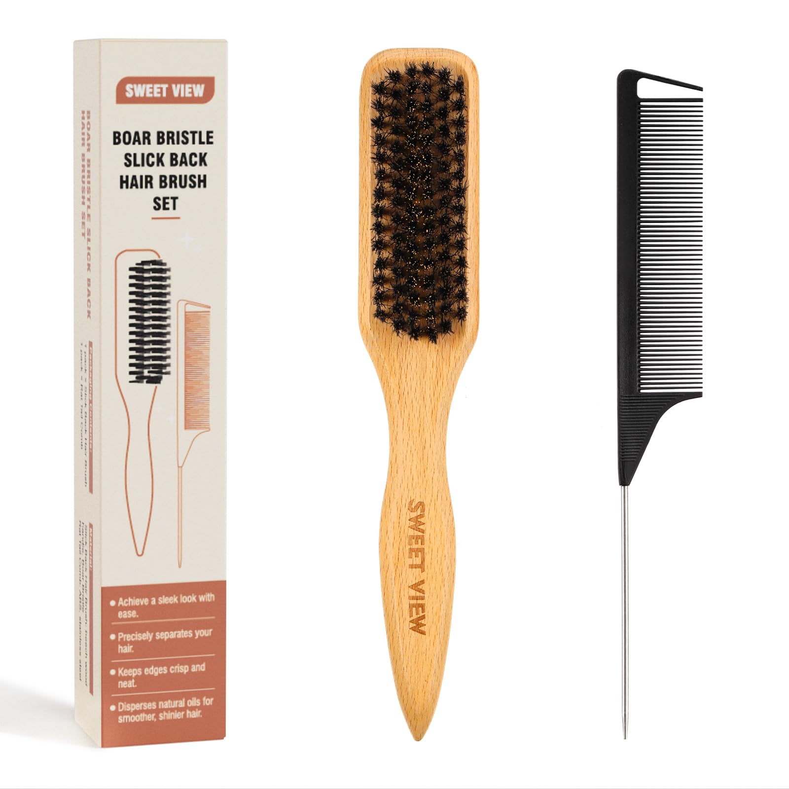 SWEET VIEW 3Pcs Slick Back Hair Brush | Rat Tail Comb, Edge | Bristle Brush, Sleek Ponytail/Bun Smoothing Baby Hair & Flyaways