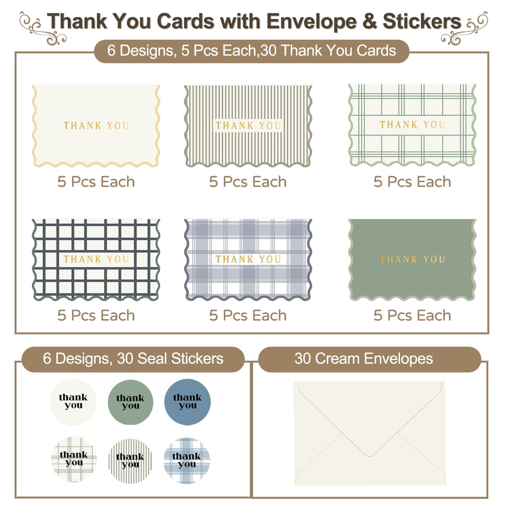 Thank You Cards Set of 30 With Envelopes and Stickers - Elegant Blank Cards