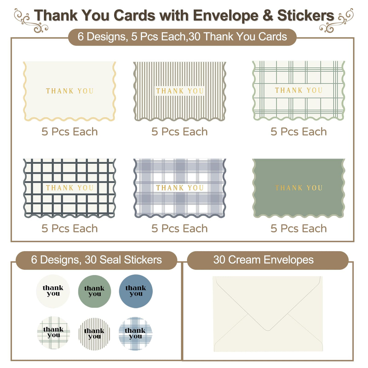 Thank You Cards Set of 30 With Envelopes and Stickers - Elegant Blank Cards