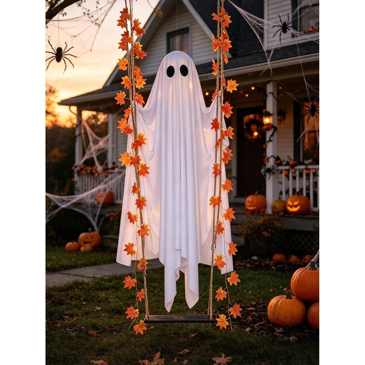 4.4 FT Swinging Ghost Halloween Decor - Outdoor Indoor Halloween Decorations with Ghost on A Swing for Outside Garden Yard Porch Tree, Hanging Large Spooky Cute Ghosts with String Lights for Party