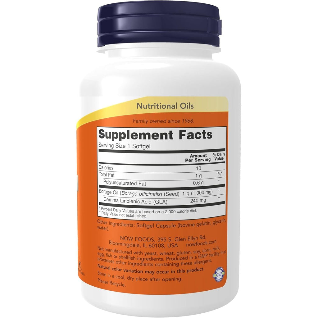 Buy now NOW Foods Supplements, Borage Oil 1000 mg with 240mg of GLA (Gamma Linolenic Acid), 60 Softgels at indiglob india