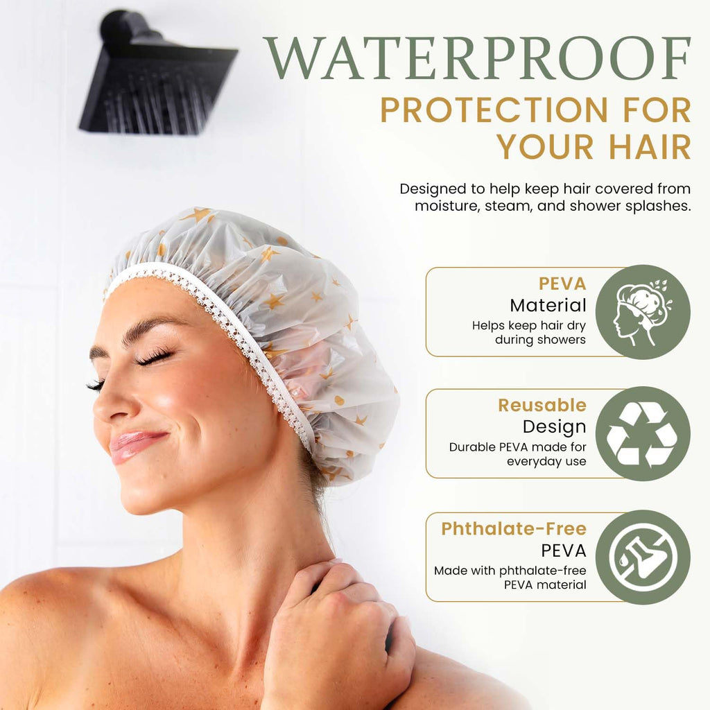 Shower Caps for Women Reusable Waterproof, 2 PCS Shower Caps + 5 Hair Ties