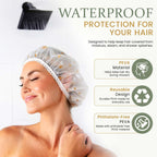 Shower Caps for Women Reusable Waterproof, 2 PCS Shower Caps + 5 Hair Ties