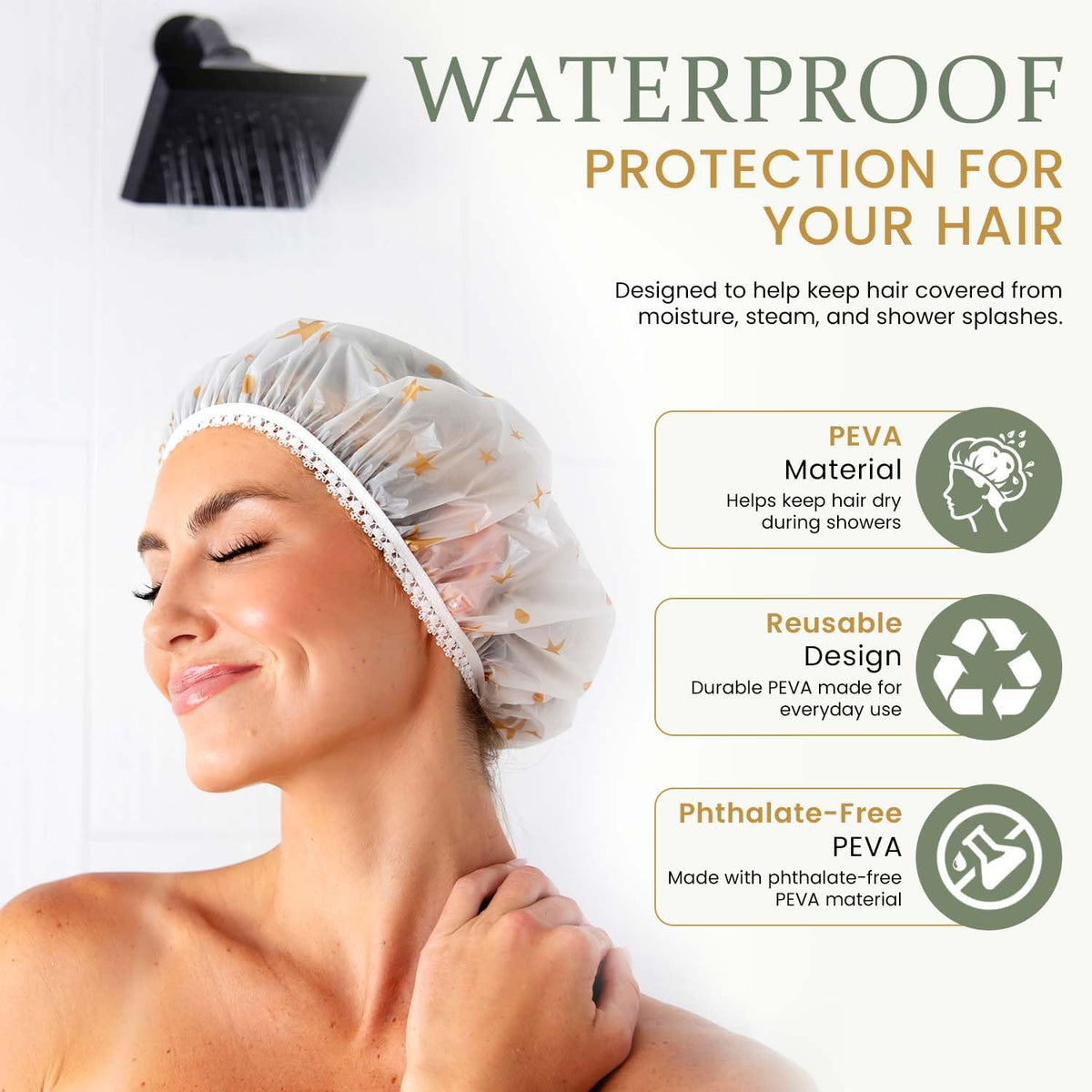 Shower Caps for Women Reusable Waterproof, 2 PCS Shower Caps + 5 Hair Ties