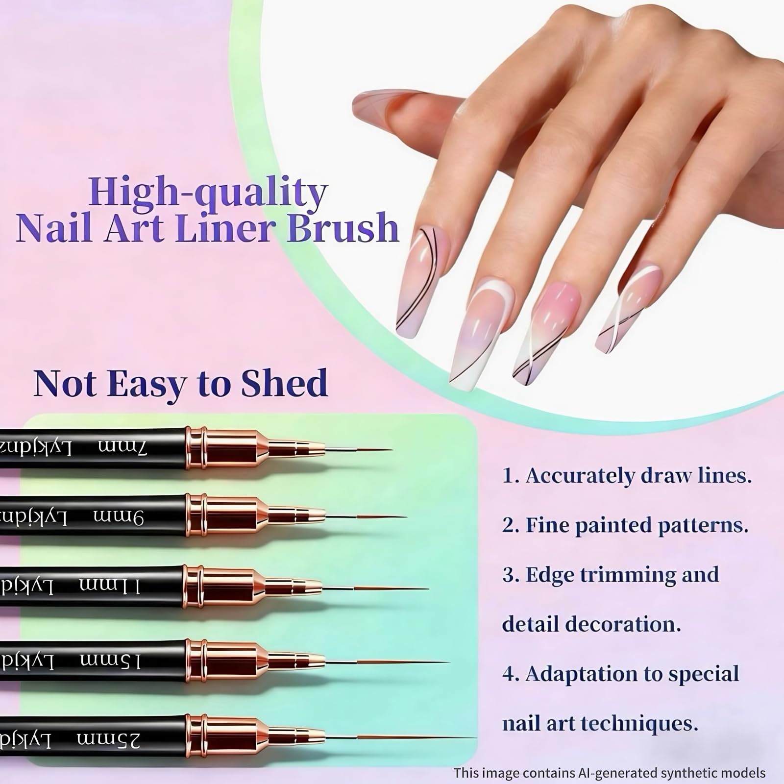 8Pcs Nail Art Brushes Set, 5 Art Liners & 3 Multi Shape Gel Builder Brushes | Liners with 7/9/11/15/25mm bristles for fine lining, gel coating & nail shaping, ideal for salon and DIY nail art