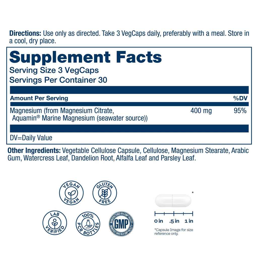 Solaray Magnesium Citrate, 400mg per Serving, 90 Vegan Capsules | Magnesium Citrate Capsules, Supplement for Calm, Bone Health, Cellular Energy, Heart & Muscle Support