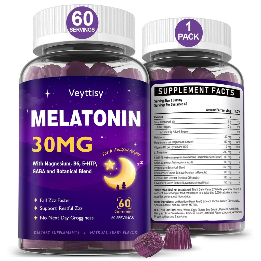 Melatonin 30mg Gummies for Adults - Sugar Free Melatonin Gummies | Maximum Strength with Magnesium, B6, GABA & Botanical Blend - Non-Habit Forming, Vegan, Non GMO, Natural Mixed Berry Flavor