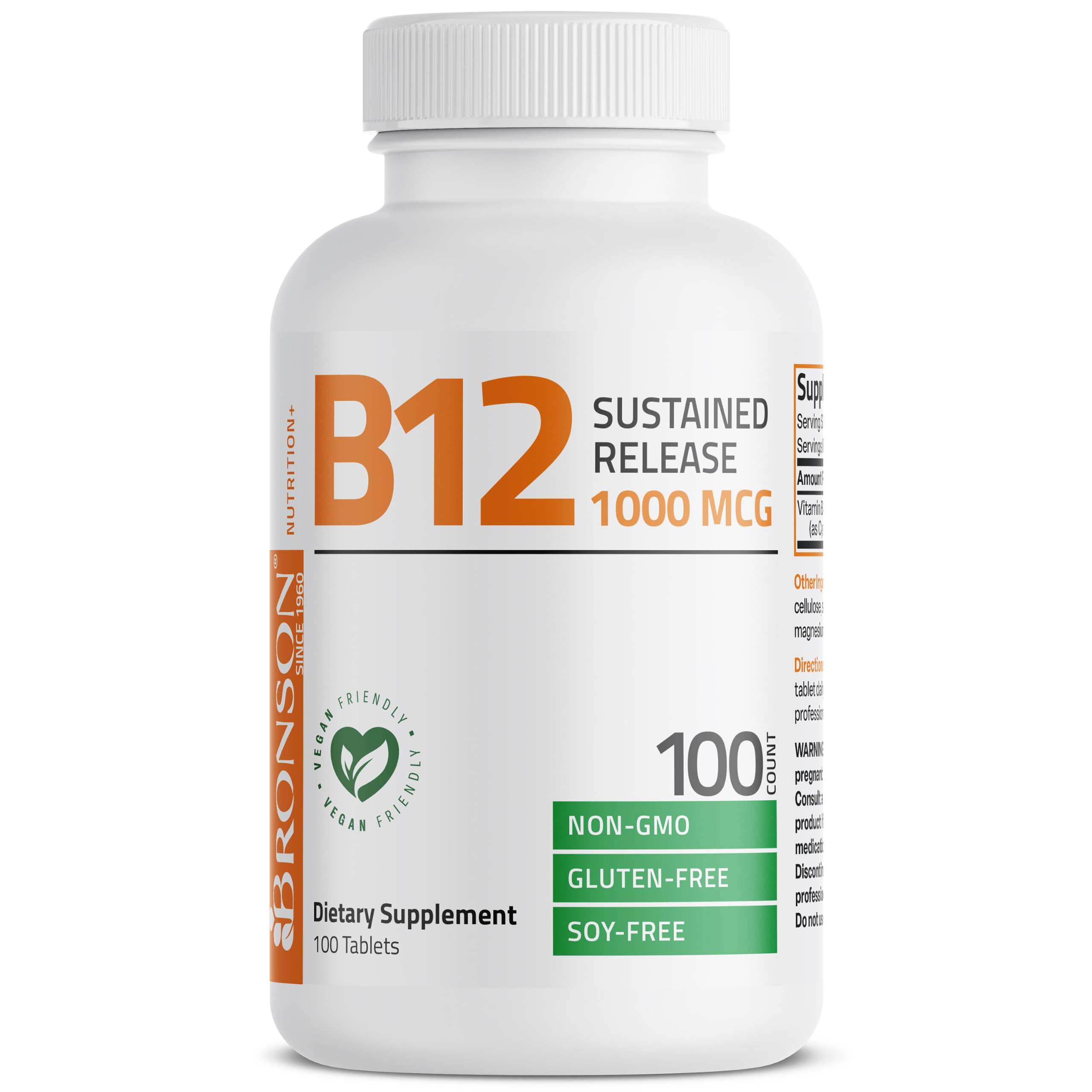 Bronson Vitamin B12 1000 mcg Sustained Release, Energy Support, 100 Tablets | Healthy Brain Function & Nervous System Support, Vegan, Non-GMO, Gluten-Free & Soy-Free