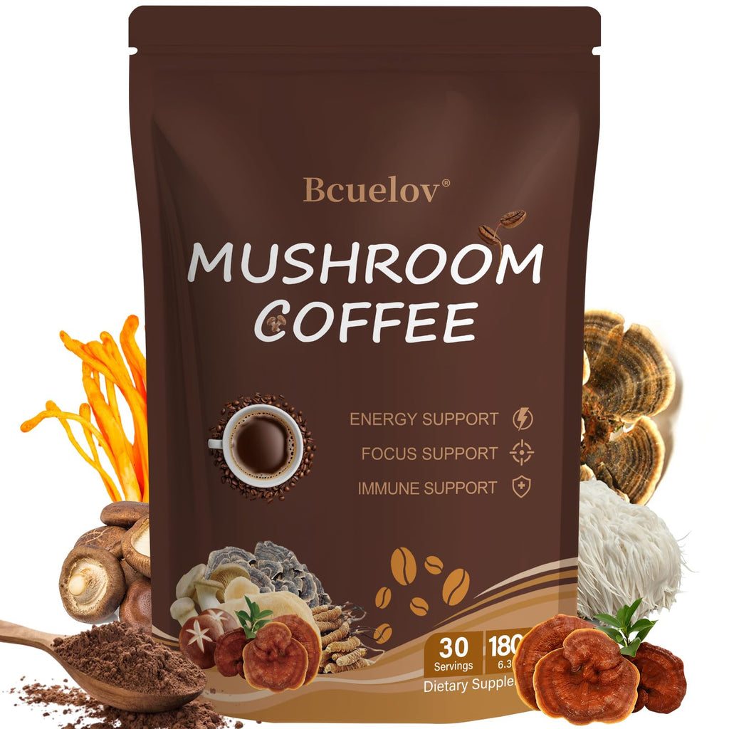 Mushroom Coffee, Instant Mushroom Coffee Powder with 6 Adaptogenic Mushrooms (Cordyceps, Lion’s Mane, Shiitake, Turkey Tail) and MCT Oil for Better Energy, Focus, Immune Support - 30 Servings