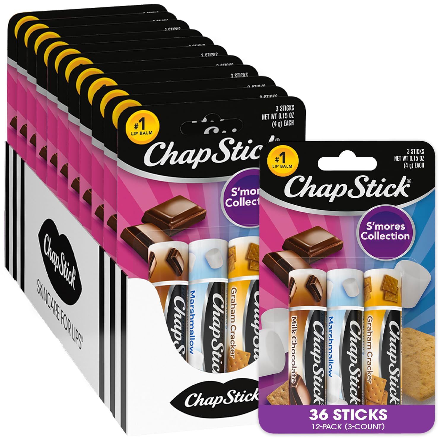 Buy now ChapStick S'more Collection Variety Pack Lip Balm Tube, Lip Care, 0.15 Ounce (Pack of 3) S'mores 1 Count (Pack of 36) at indiglob india
