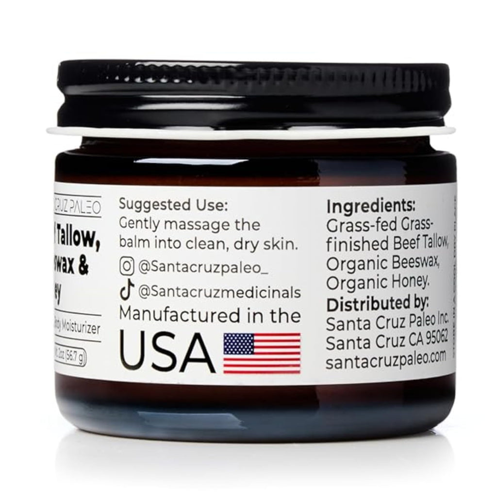 Santa Cruz Paleo, Beef Tallow, Beeswax & Honey Face Moisturizer, Organic, Unscented Grassfed Beef Tallow Skin Care, Sunscreen Free, Non Comedogenic Face & Body Moisturizer for Sensitive Skin, 2 Oz