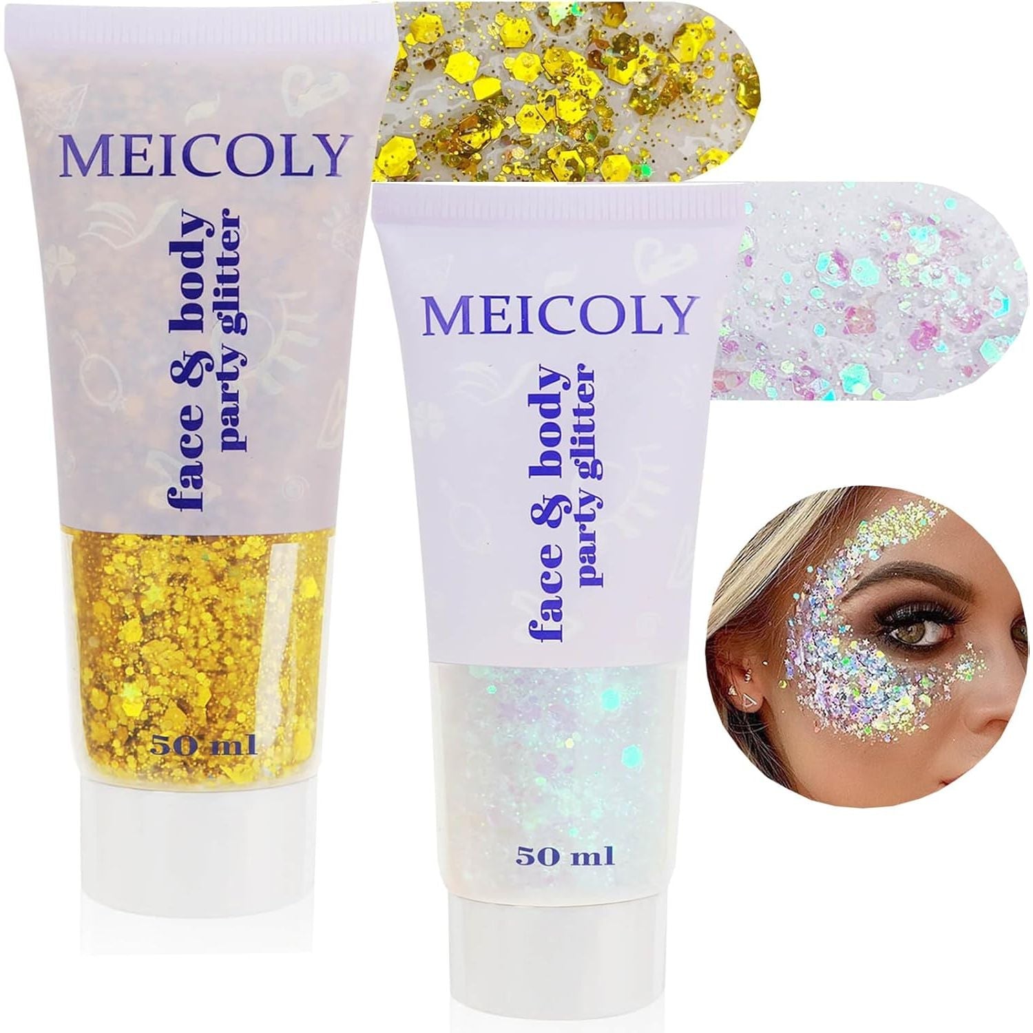 Buy now MEICOLY Pink and Clear White Face Body Glitter Set,Pink Face Glitter Gel,Singer Concerts Festival Rave Accessories,Glitter Face Paint for Women Kids,Mermaid Glitter Makeup,Body Glitter for Women white and gold face glitter at indiglob india