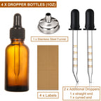 4 Pack, 1 oz Amber Glass Dropper Bottles Plus 2pcs Graduated Calibrated Glass Pipettes (1ml)- 30ml Dark Brown Tincture Bottles with Eye Droppers for Essential Oils, Liquids - Leakproof Travel Bottle