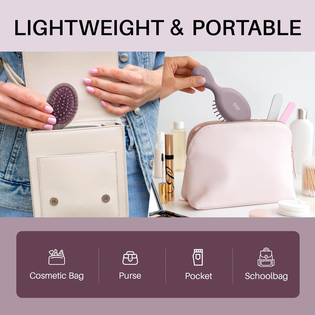 Lightweight RHOS folding brush with mirror, ideal for cosmetics bag, purse, or pocket. Verified by CuratCart.