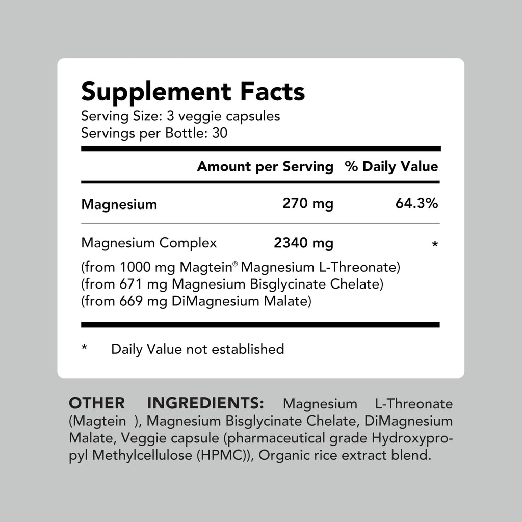 AMANDEAN Magtein Magnesium Complex: L-Threonate, Glycinate, Malate, 90ct | Magnesium L-threonate and glycinate + magnesium malate; 270mg elemental magnesium supplement; sleep, calm