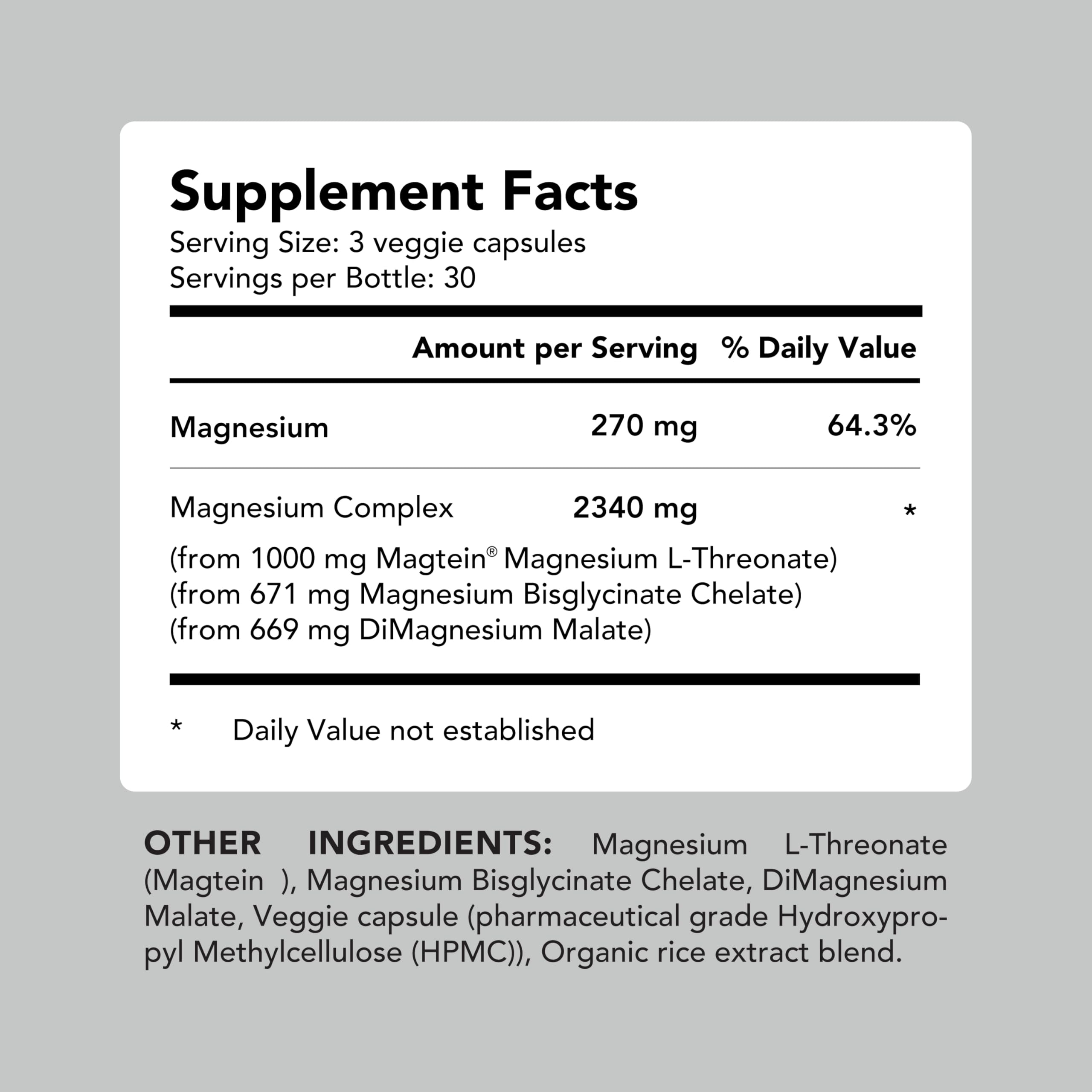 AMANDEAN Magtein Magnesium Complex: L-Threonate, Glycinate, Malate, 90ct | Magnesium L-threonate and glycinate + magnesium malate; 270mg elemental magnesium supplement; sleep, calm