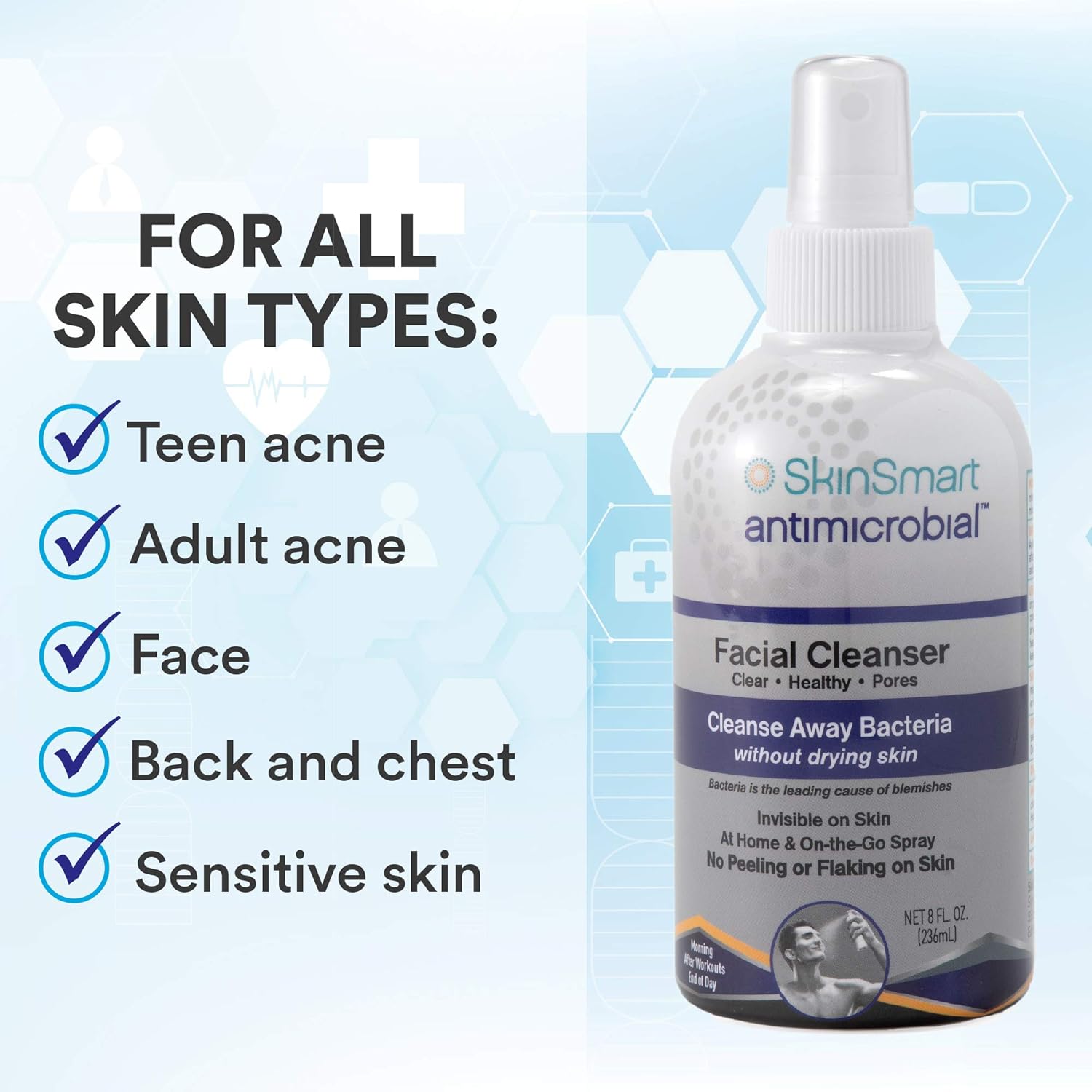Buy now SkinSmart Facial Cleanser for Breakouts, Targets Bacteria for Post-Workout Pimples, Blemishes and Sweat Irritation; 8 oz Spray, Safe for All Ages: Adults and Teens at indiglob india