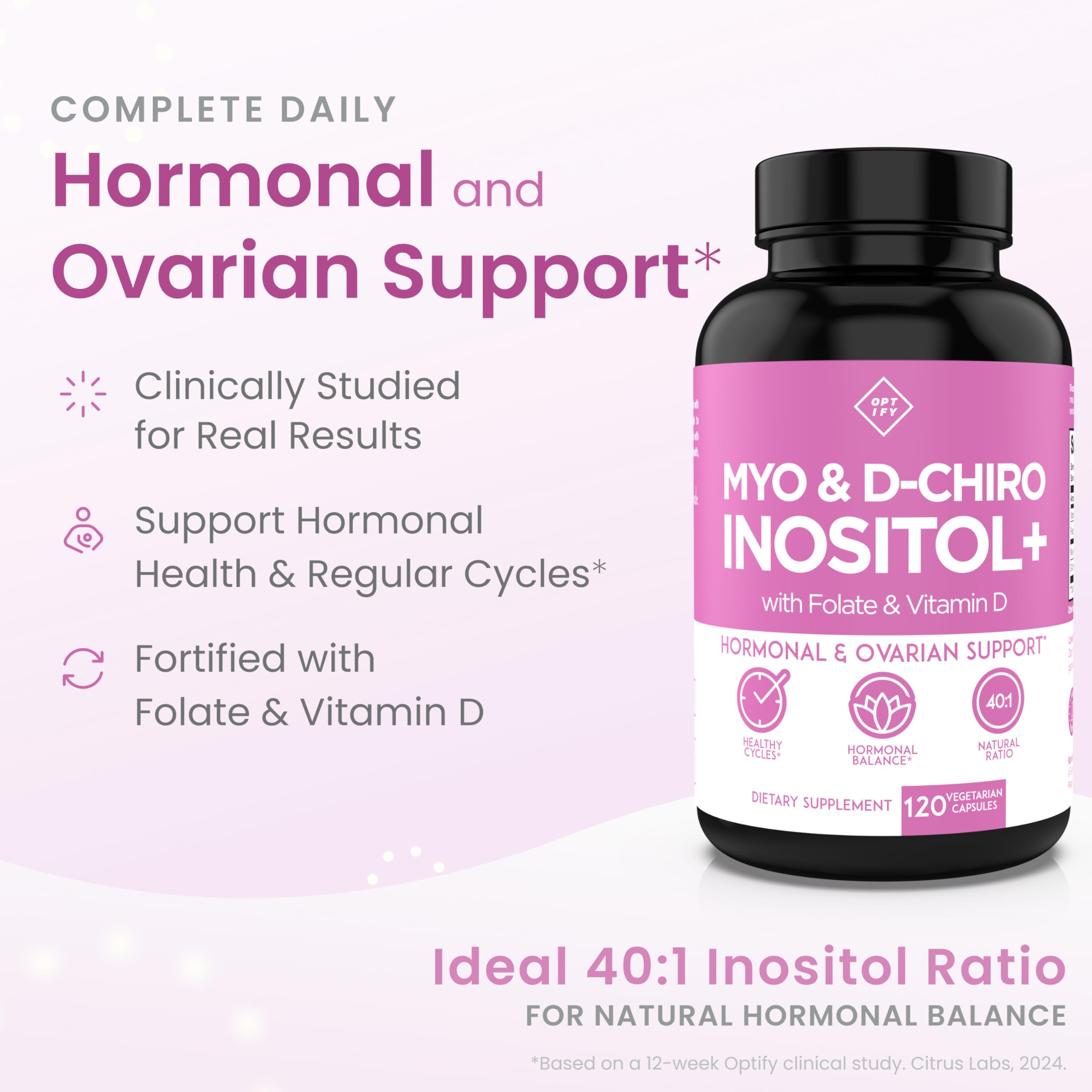 Optify Myo-Inositol & D-Chiro Inositol Supplement for Women | 40:1 Ratio Plus Folate and Vitamin D | Support Healthy Hormonal Balance, Regular Cycles, & Ovarian Health (120 Count (Pack of 1))