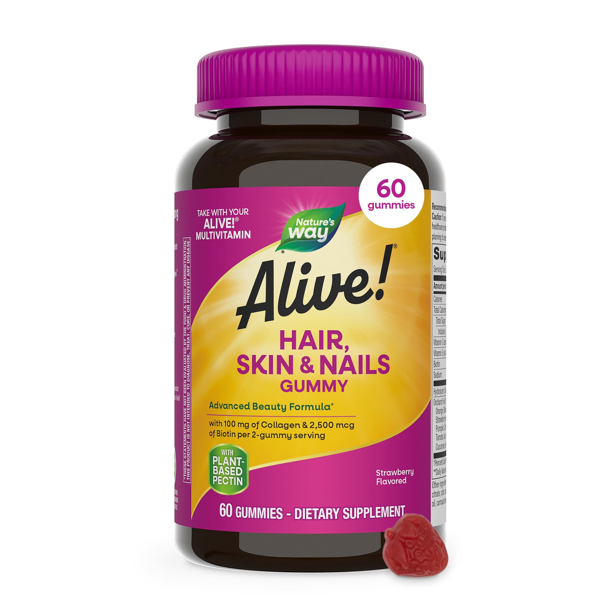 Nature's Way Alive! Hair, Skin & Nails Gummies with Collagen & Biotin,60 ct | Advanced Beauty Formula Supplement with Antioxidant Vitamins C & E*, 100 mg Collagen, 2,500 mcg Biotin, Strawberry Gummy