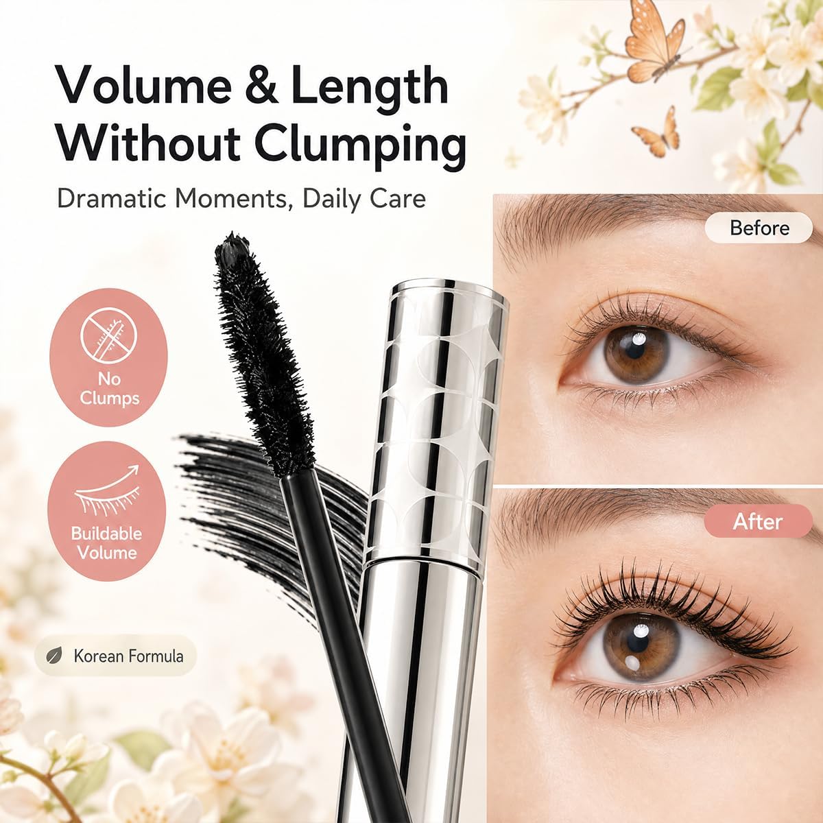 Blushe Growth Serum Mascara – Korean Volumizing & Lengthening Mascara, Clump-Free Lash Makeup for Dramatic Eye Looks, Daily Lash Care Routine, Easy Everyday Use