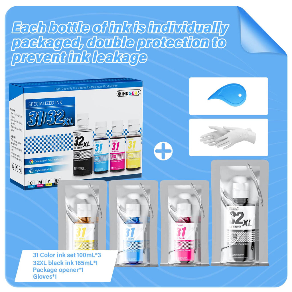 31 32XL Ink Bottle Set Refill for HP Smart Tank 7600 7602 7300 7301 7001, 5000 5101 5102, 6000 6001 651 551 Printer. Black CMY