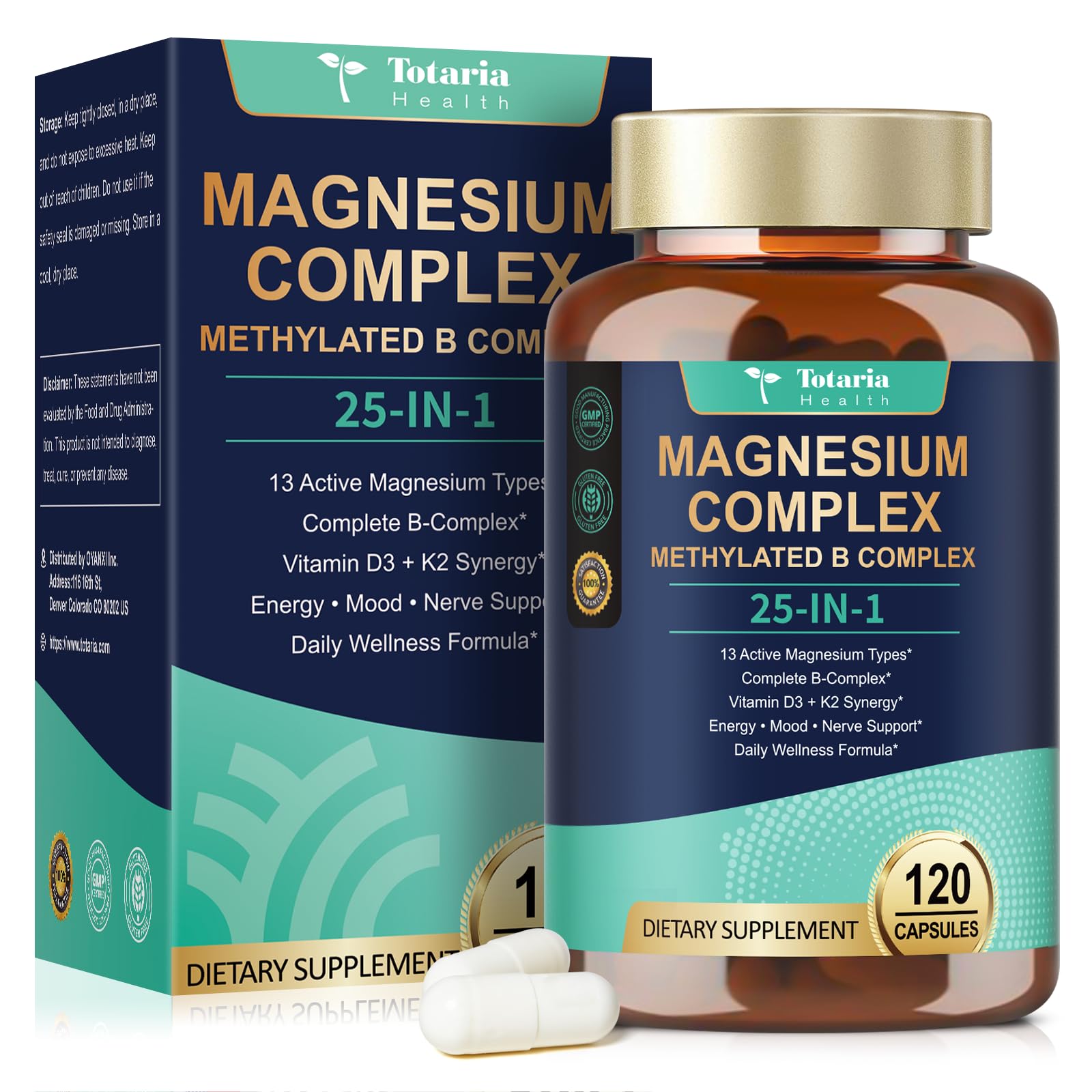 25-in-1 Magnesium Complex with Methylated B Complex, 1000mg Magnesium Complex for Women & Men with Magnesium Glycinate 400mg, 120 Vegan Capsules per Bottle, 2 Bottles