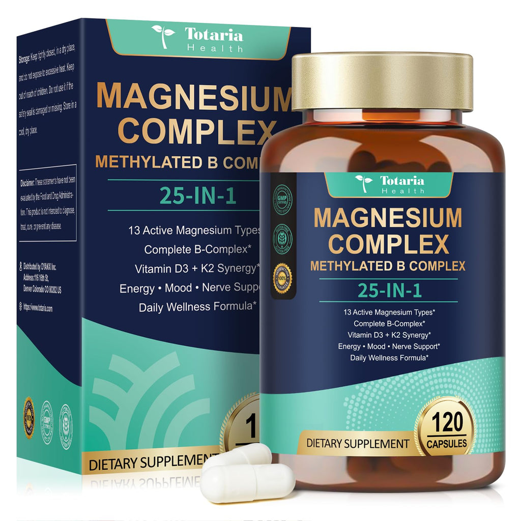 25-in-1 Magnesium Complex with Methylated B Complex, 1000mg Magnesium Complex for Women & Men with Magnesium Glycinate 400mg, 120 Vegan Capsules per Bottle, 2 Bottles