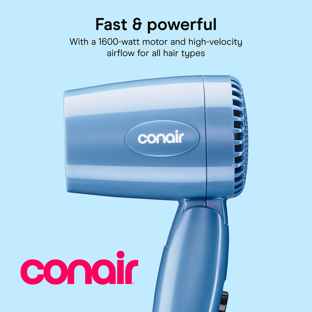 Conair Dual Voltage Hair Dryer, Compact Folding Handle Design, 1600W | Travel blow dryer for on-the-go styling with foldable 0.75-lb design, high-velocity airflow, and various heat/speed settings
