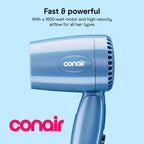 Conair Dual Voltage Hair Dryer, Compact Folding Handle Design, 1600W | Travel blow dryer for on-the-go styling with foldable 0.75-lb design, high-velocity airflow, and various heat/speed settings