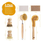 DEBETOOL 6-Piece Bamboo Dish Brush Set with Coconut Sponge