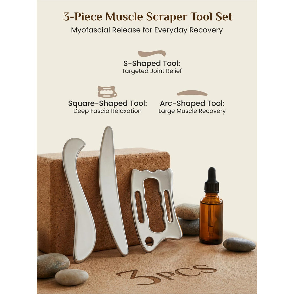 Rena Chris Muscle Scraper Tool Set, Stainless Steel Body Gua Sha for Physical Therapy, Deep Tissue Massage & Lymphatic Drainage, Travel Pouch & Guide Included (3-Piece Kit)