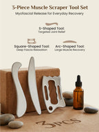 Rena Chris Muscle Scraper Tool Set, Stainless Steel Body Gua Sha for Physical Therapy, Deep Tissue Massage & Lymphatic Drainage, Travel Pouch & Guide Included (3-Piece Kit)
