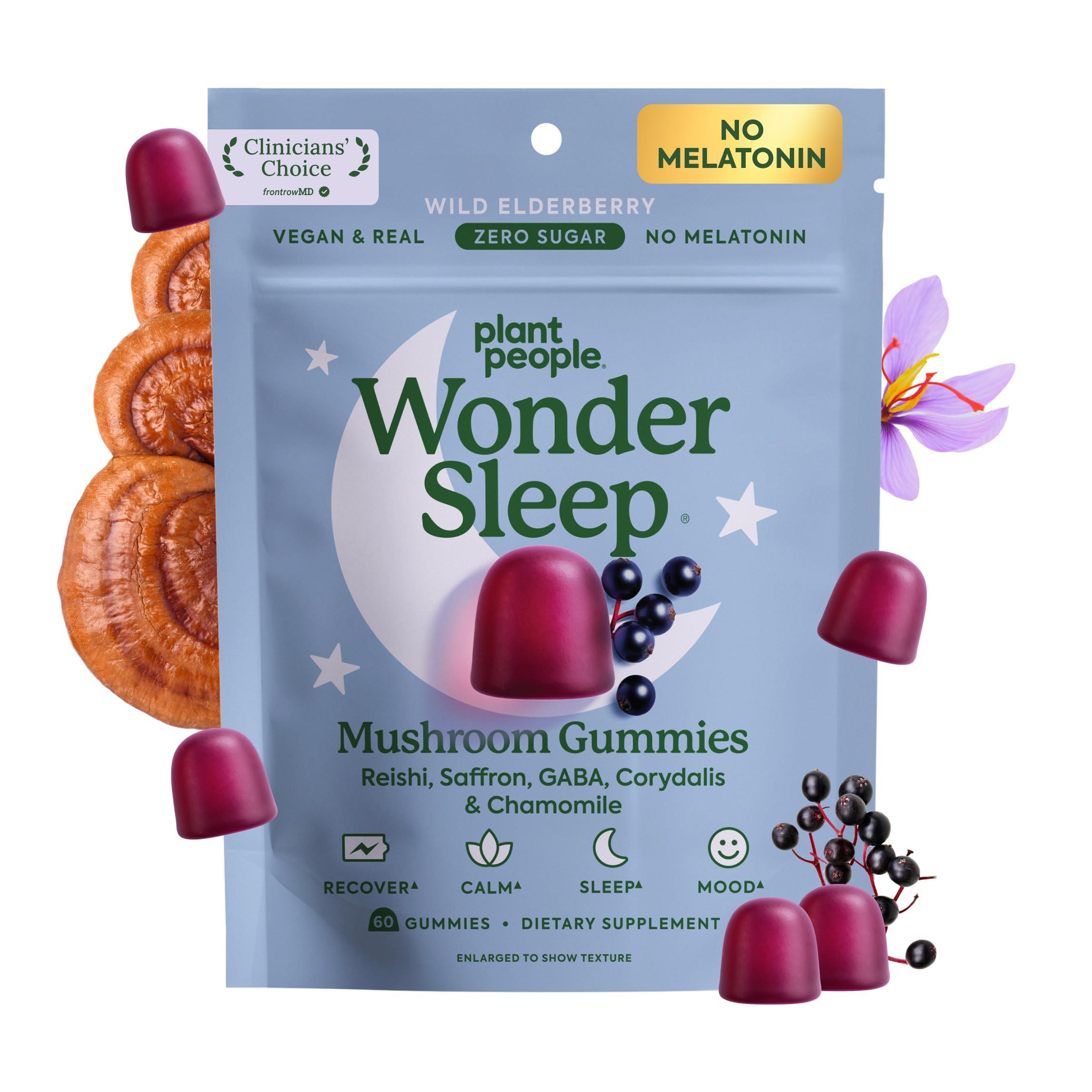 Plant People WonderSleep Mushroom Gummies Supplement for Sleep, 60ct | No Melatonin Sleep Gummies with Reishi Mushroom, Saffron & Chamomile, Wild Elderberry Flavor, Sugar-Free (60 Count)