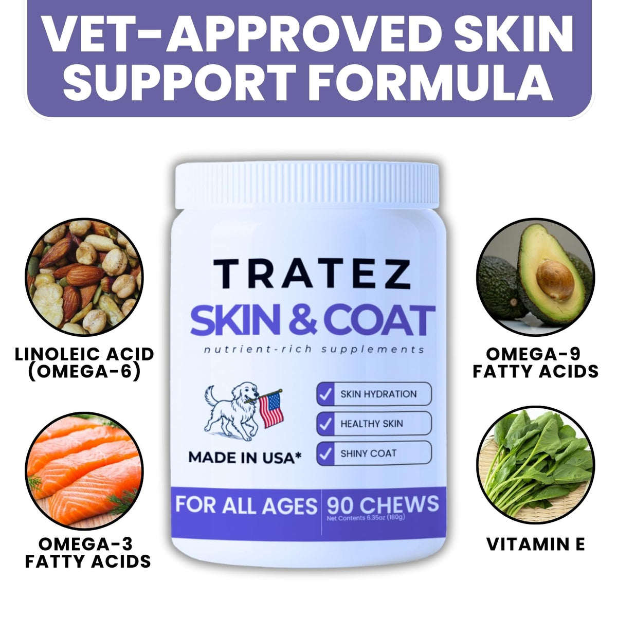 Skin & Coat Supplement for Dogs - Omega 3 6 9 Fish Oil & Vitamin E Soft Chews - Dog Itch Relief, Anti-Shedding & Shiny Coat Support for All Breeds, 90 Count