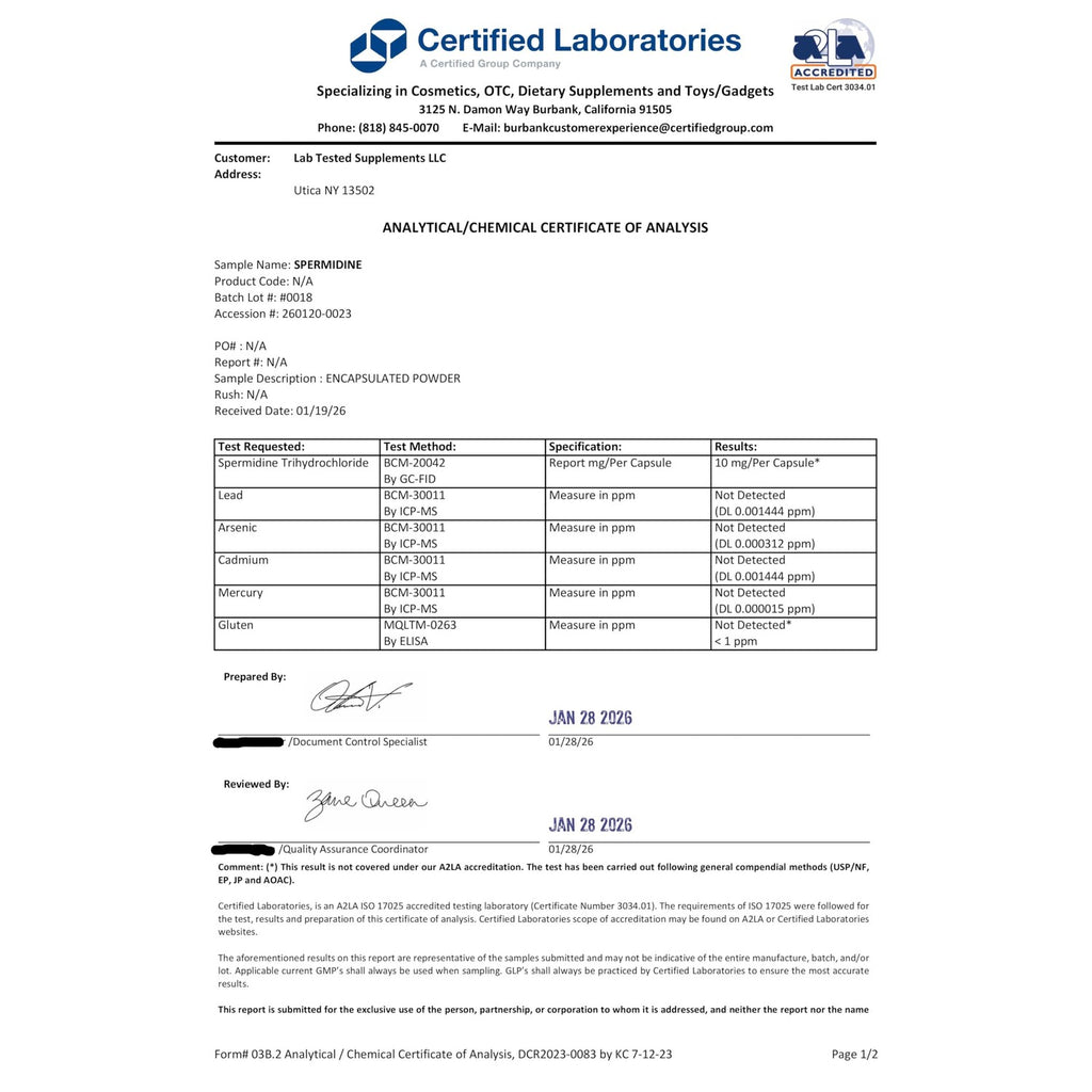 Spermidine 3HCL Supplement - 120 10mg Capsules - 3rd Party COA's provided with Every lot# - Spermidine Trihydrochloride